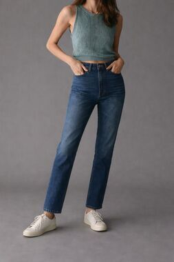 Dôen Womens Blue Denim Button Fly High-Rise Straight Jeans Medium Wash Size 24